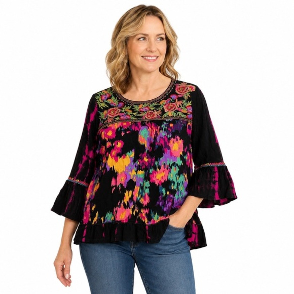 Calessa Embroidered Boho‎ Blouse Ikat Floral Bell Sleeve Top Petite Large